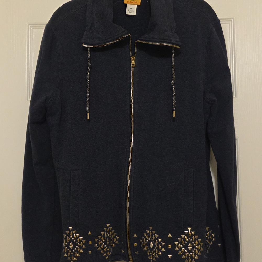 Ruby Rd. Black Bomber Jacket with Gold Accents